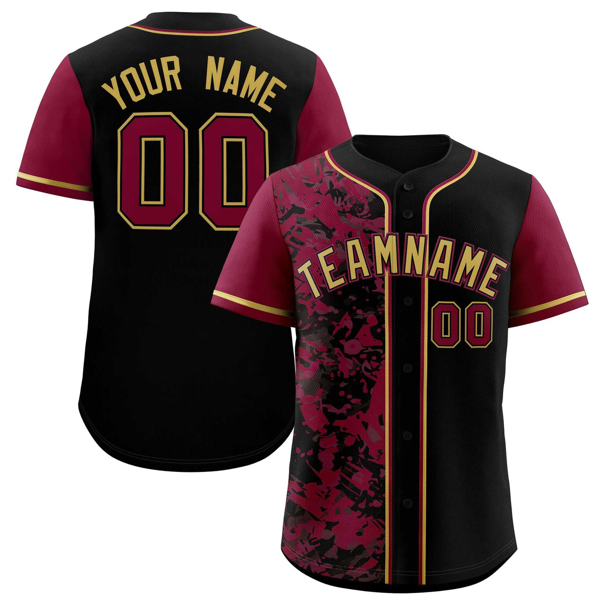 Custom Black Crimson Split Personalized Graffiti Raglan Sleeve Authentic Baseball Jersey