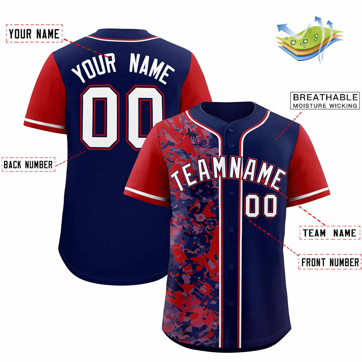 Custom Navy Red Split Personalized Graffiti Raglan Sleeve Authentic Baseball Jersey