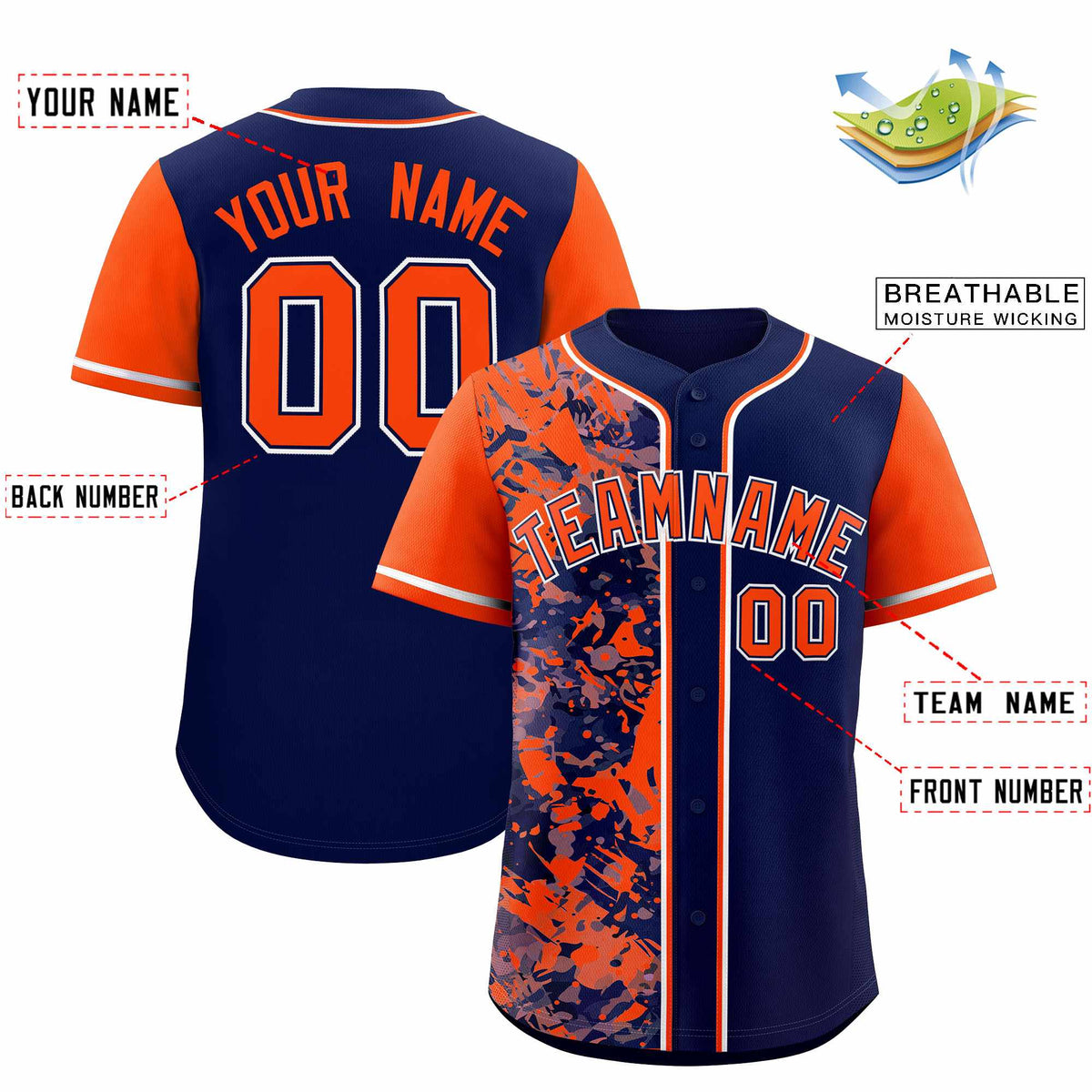 Custom Navy Orange Split Personalized Graffiti Raglan Sleeve Authentic Baseball Jersey