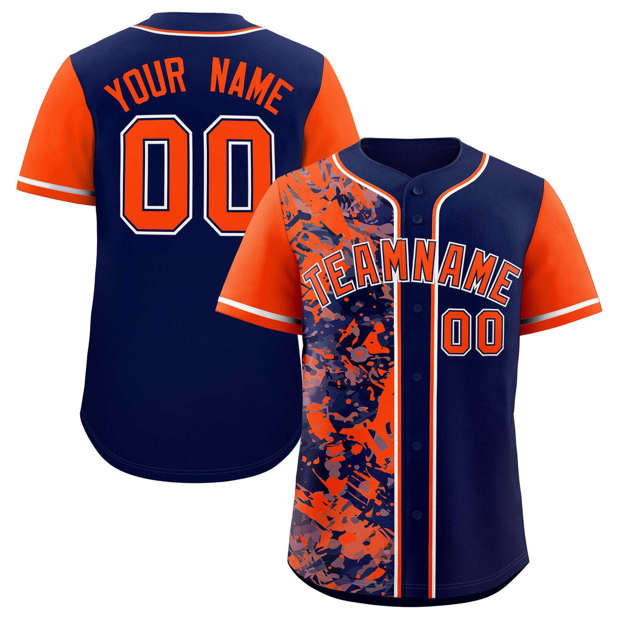 Custom Navy Orange Split Personalized Graffiti Raglan Sleeve Authentic Baseball Jersey