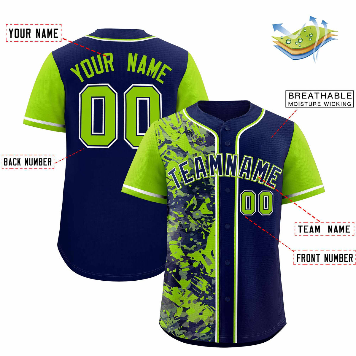 Custom Navy Neon Green Split Personalized Graffiti Raglan Sleeve Authentic Baseball Jersey
