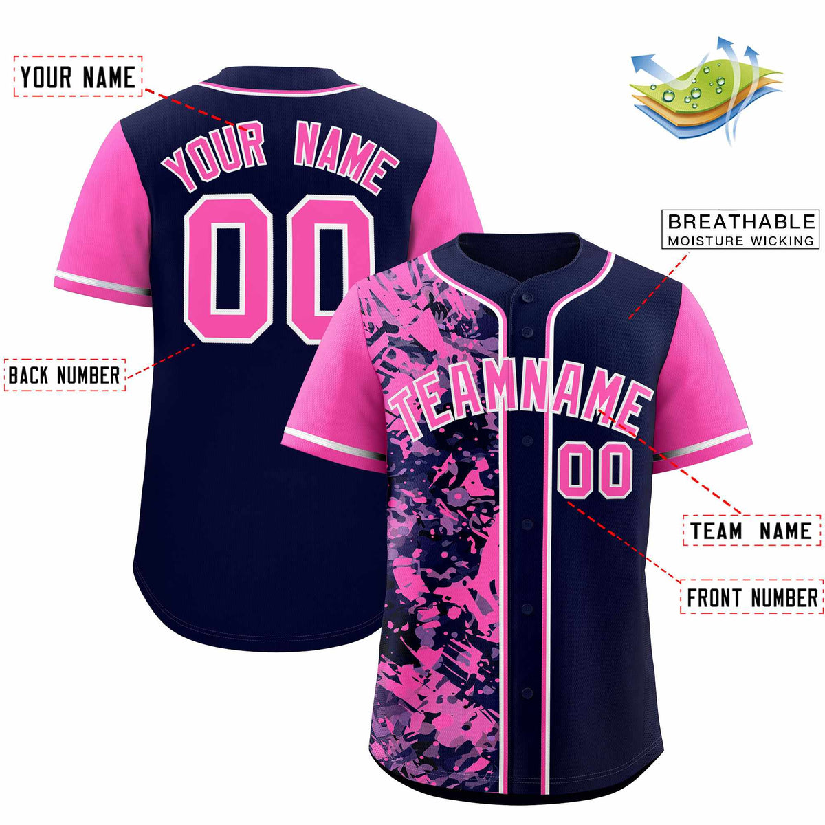 Custom Navy Pink Split Personalized Graffiti Raglan Sleeve Authentic Baseball Jersey