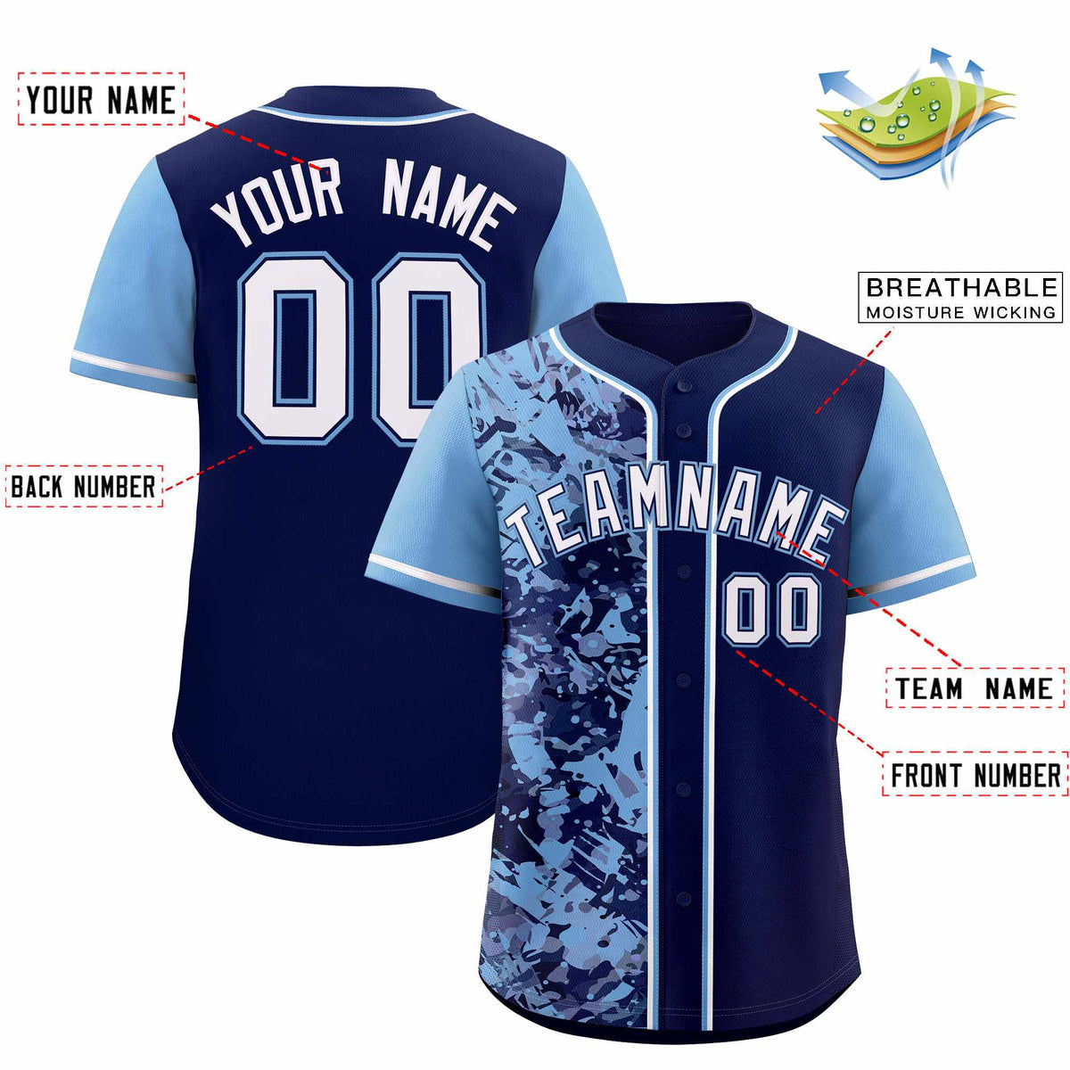 Custom Navy Powder Blue Split Personalized Graffiti Raglan Sleeve Authentic Baseball Jersey