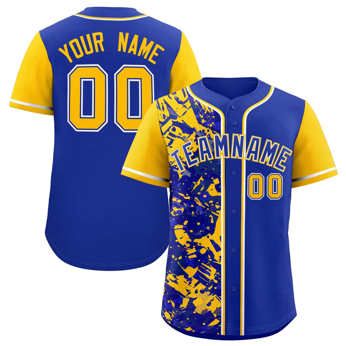 Custom Royal Yellow Split Personalized Graffiti Raglan Sleeve Authentic Baseball Jersey