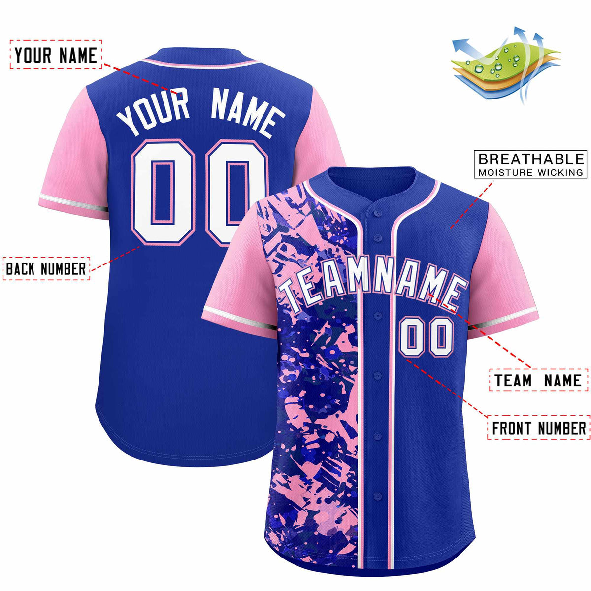 Custom Royal Light Pink Split Personalized Graffiti Raglan Sleeve Authentic Baseball Jersey