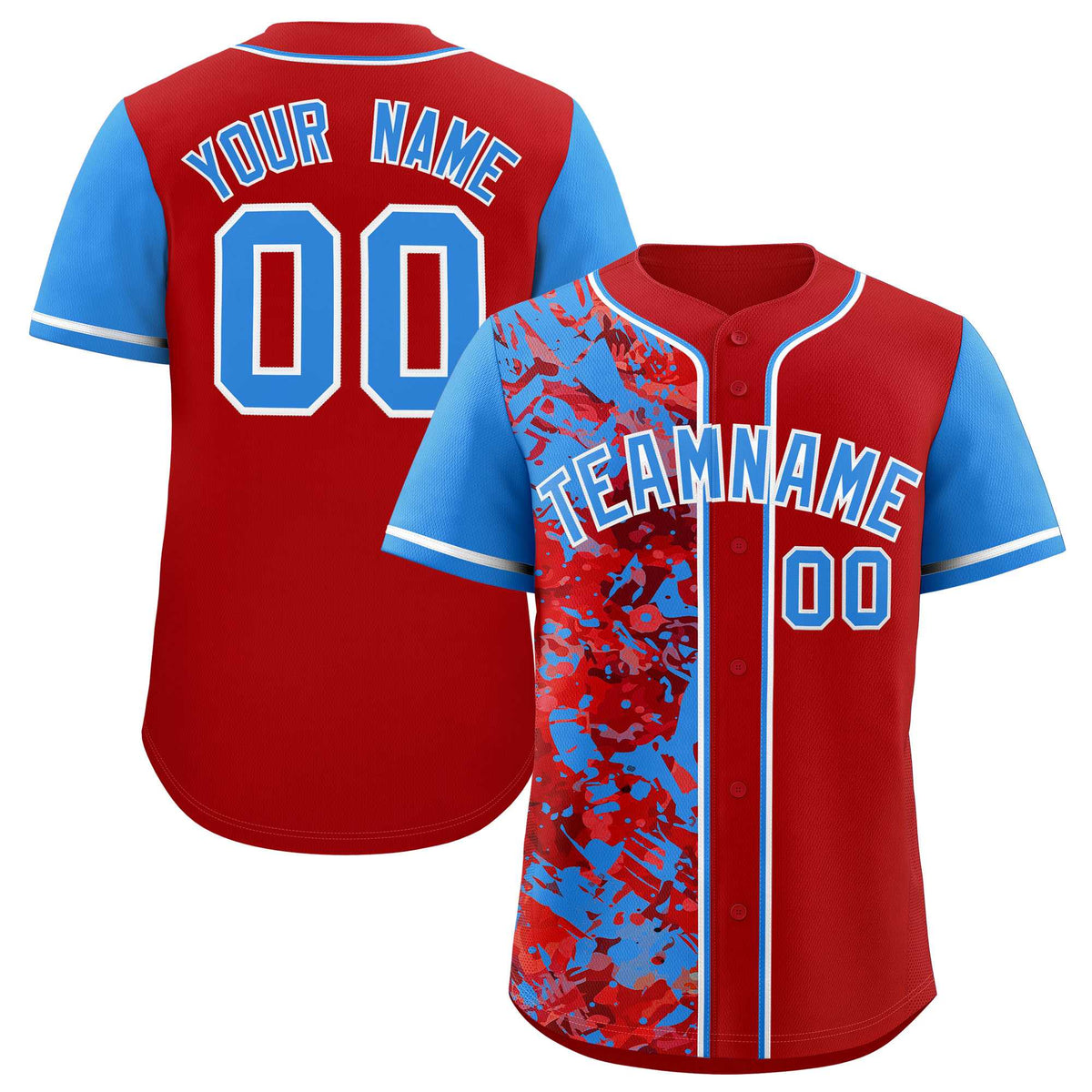 Custom Red Blue Split Personalized Graffiti Raglan Sleeve Authentic Baseball Jersey