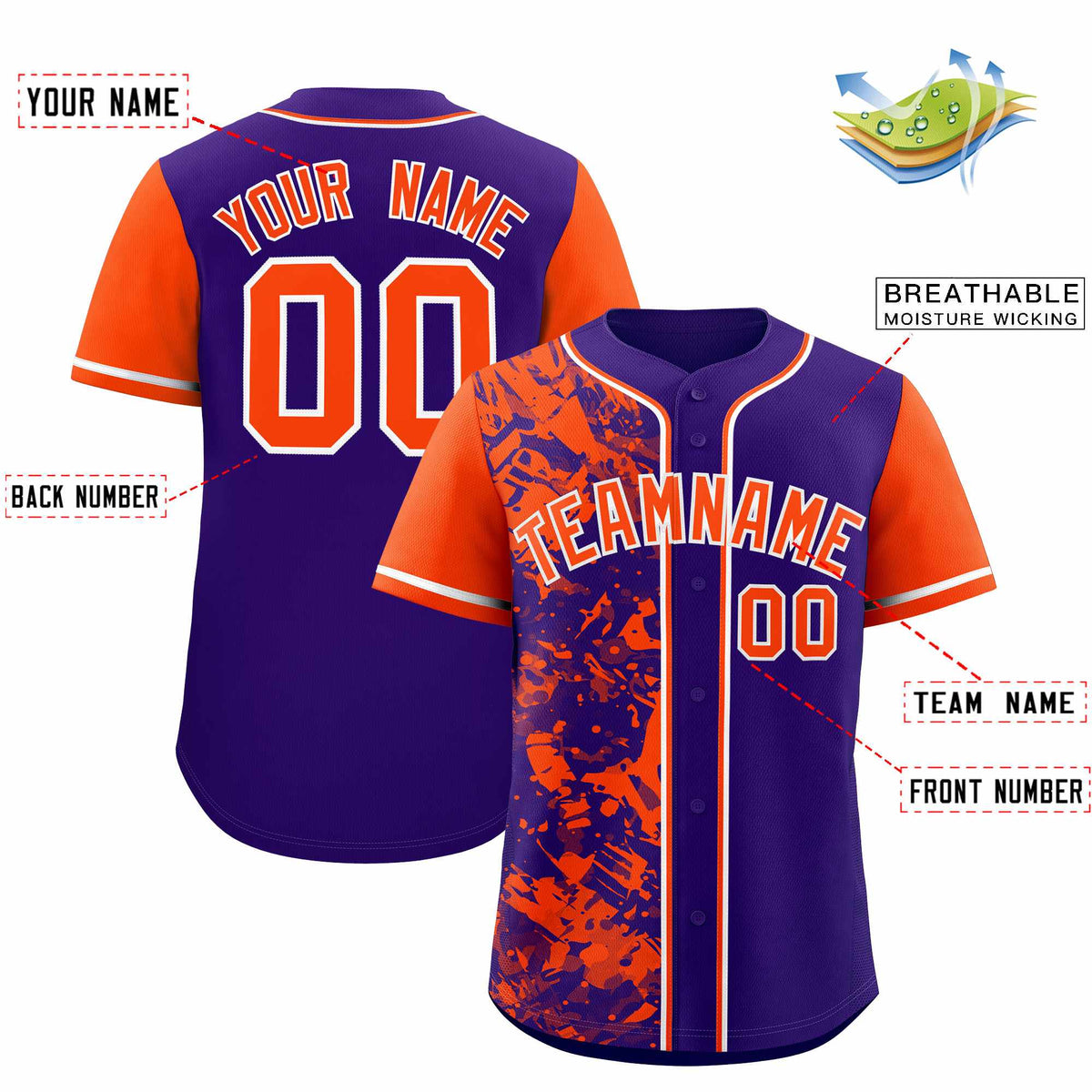 Custom Purple Orange Split Personalized Graffiti Raglan Sleeve Authentic Baseball Jersey