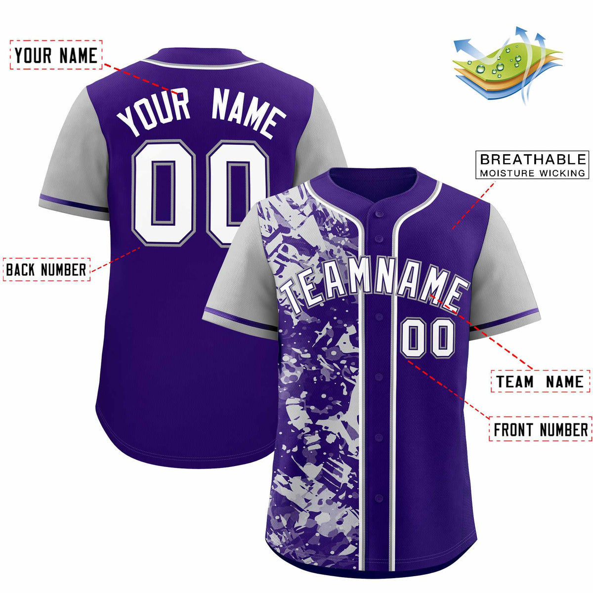 Custom Purple Gray Split Personalized Graffiti Raglan Sleeve Authentic Baseball Jersey