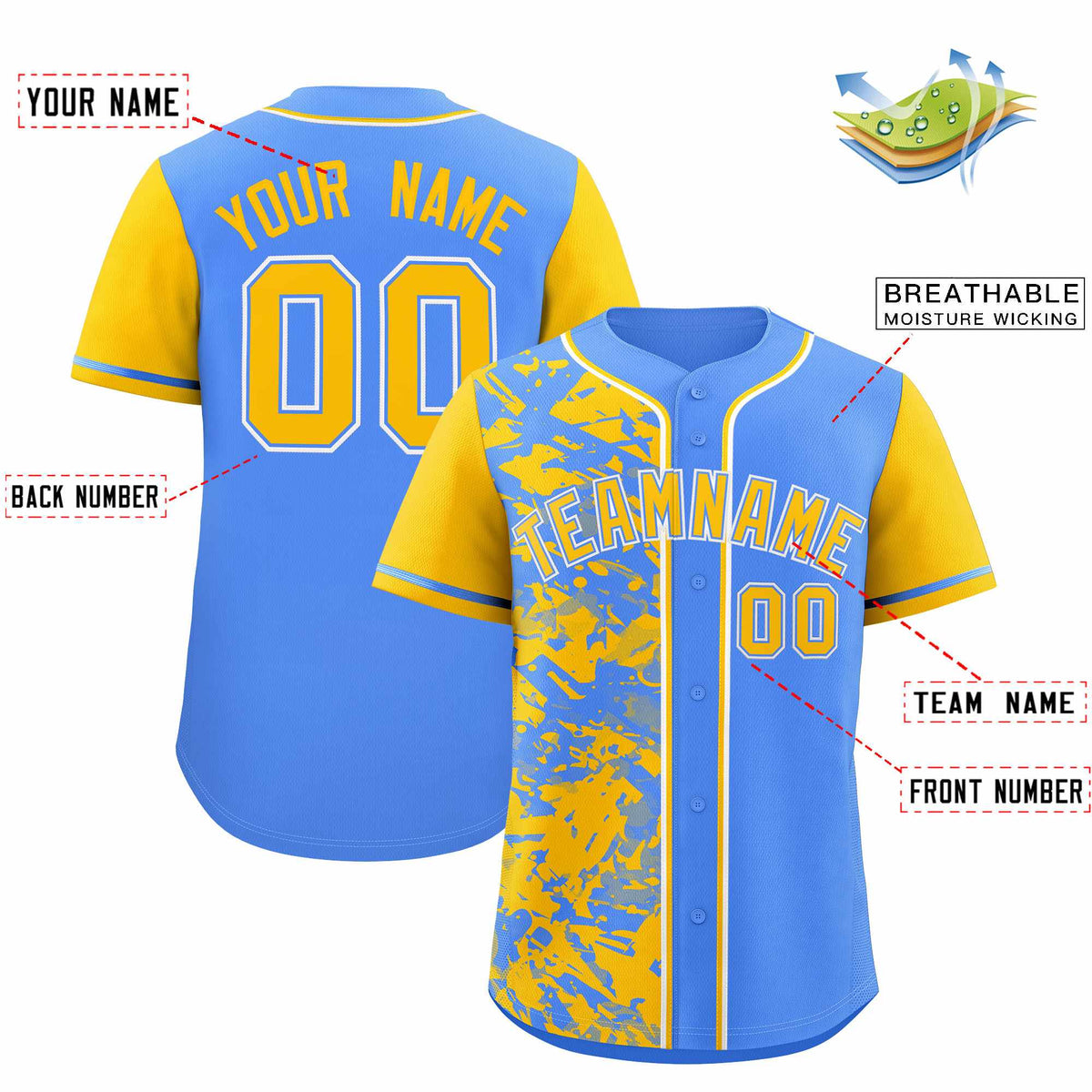 Custom Blue Yellow Split Personalized Graffiti Raglan Sleeve Authentic Baseball Jersey