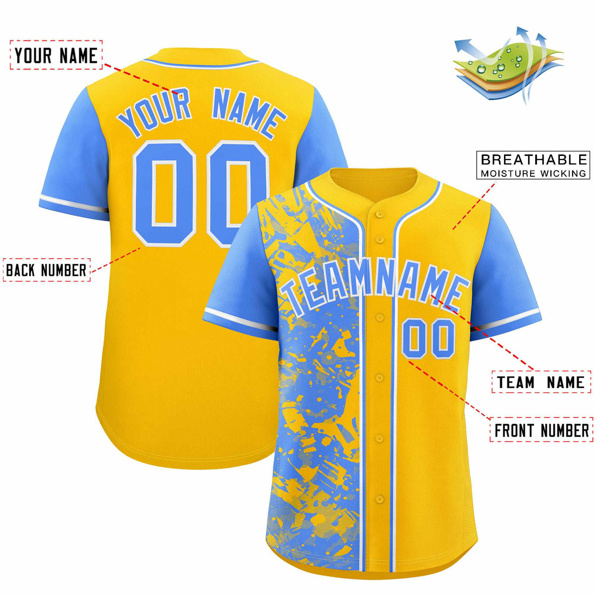 Custom Yellow Powder Blue Split Personalized Graffiti Raglan Sleeve Authentic Baseball Jersey