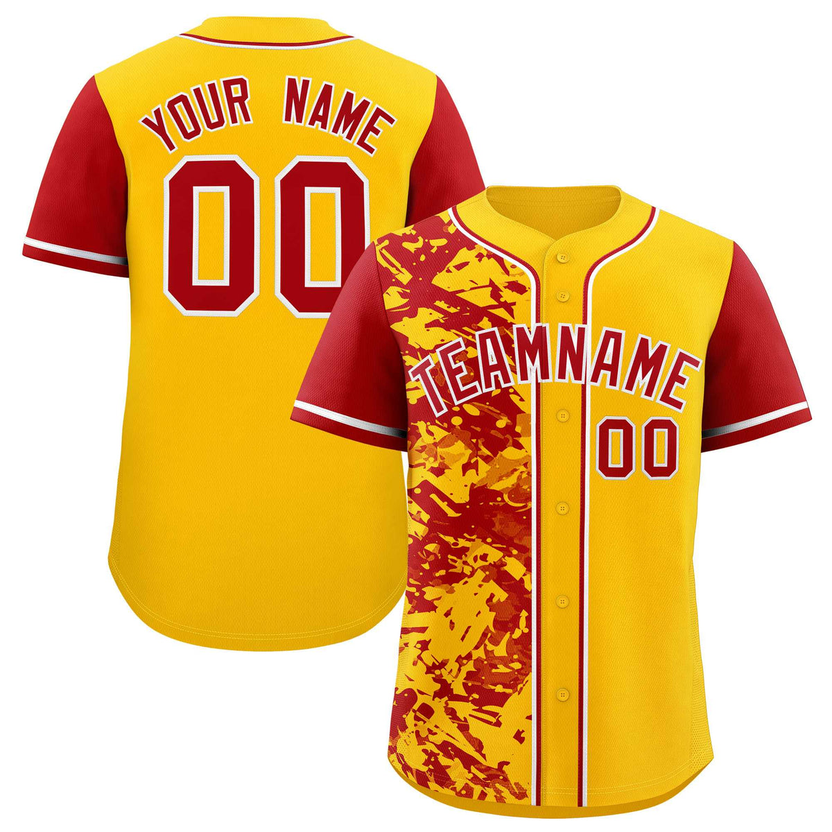 Custom Yellow Red Split Personalized Graffiti Raglan Sleeve Authentic Baseball Jersey