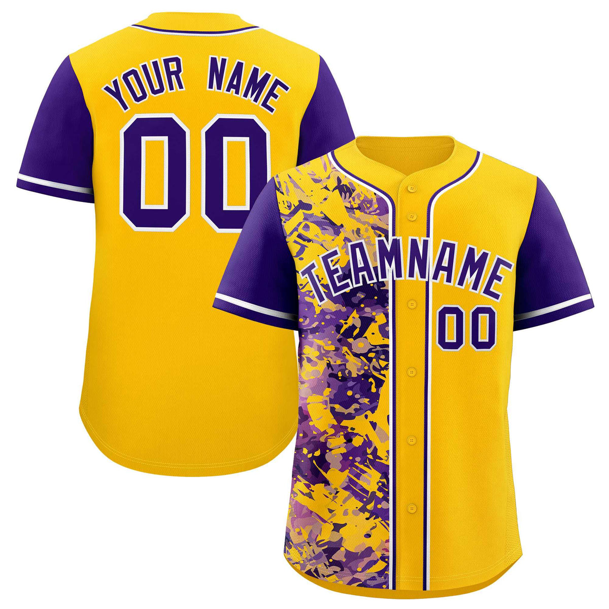 Custom Yellow Purple Split Personalized Graffiti Raglan Sleeve Authentic Baseball Jersey