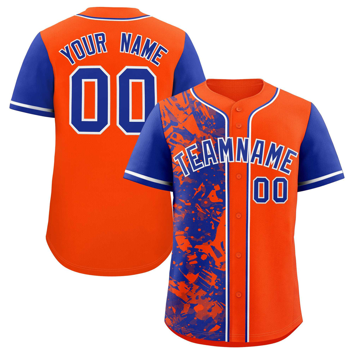 Custom Orange Royal Split Personalized Graffiti Raglan Sleeve Authentic Baseball Jersey