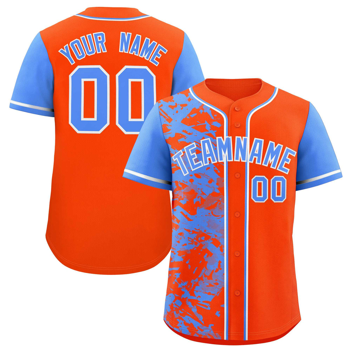 Custom Orange Powder Blue Split Personalized Graffiti Raglan Sleeve Authentic Baseball Jersey