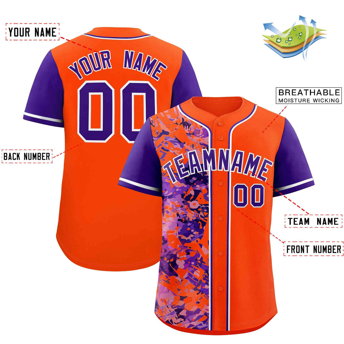 Custom Orange Purple Split Personalized Graffiti Raglan Sleeve Authentic Baseball Jersey