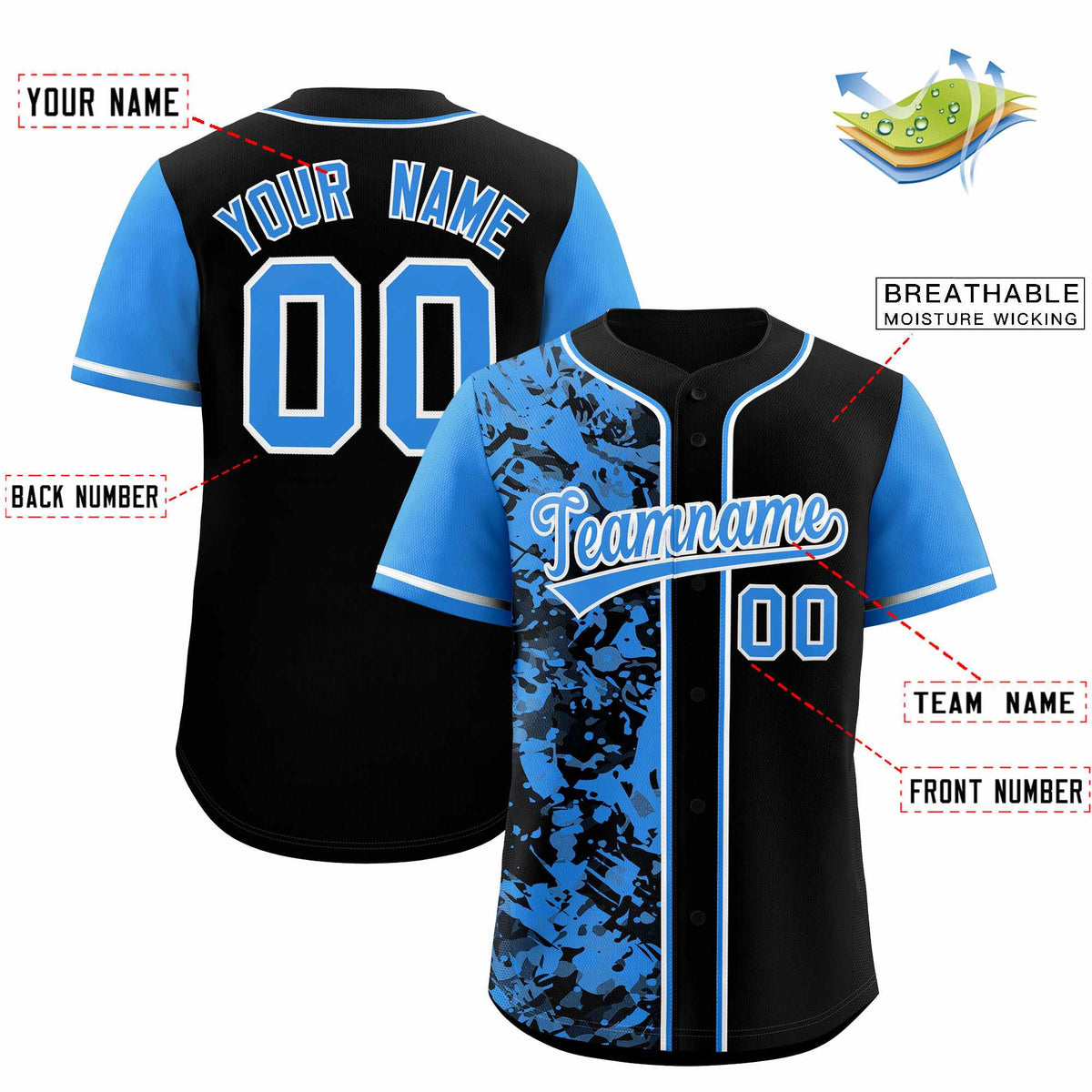 Custom Black Blue Split Personalized Graffiti Raglan Sleeve Authentic Baseball Jersey