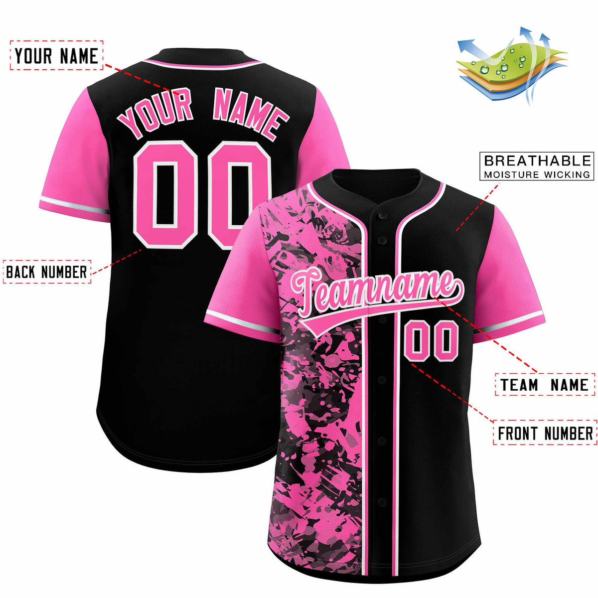 Custom Black Pink Split Personalized Graffiti Raglan Sleeve Authentic Baseball Jersey