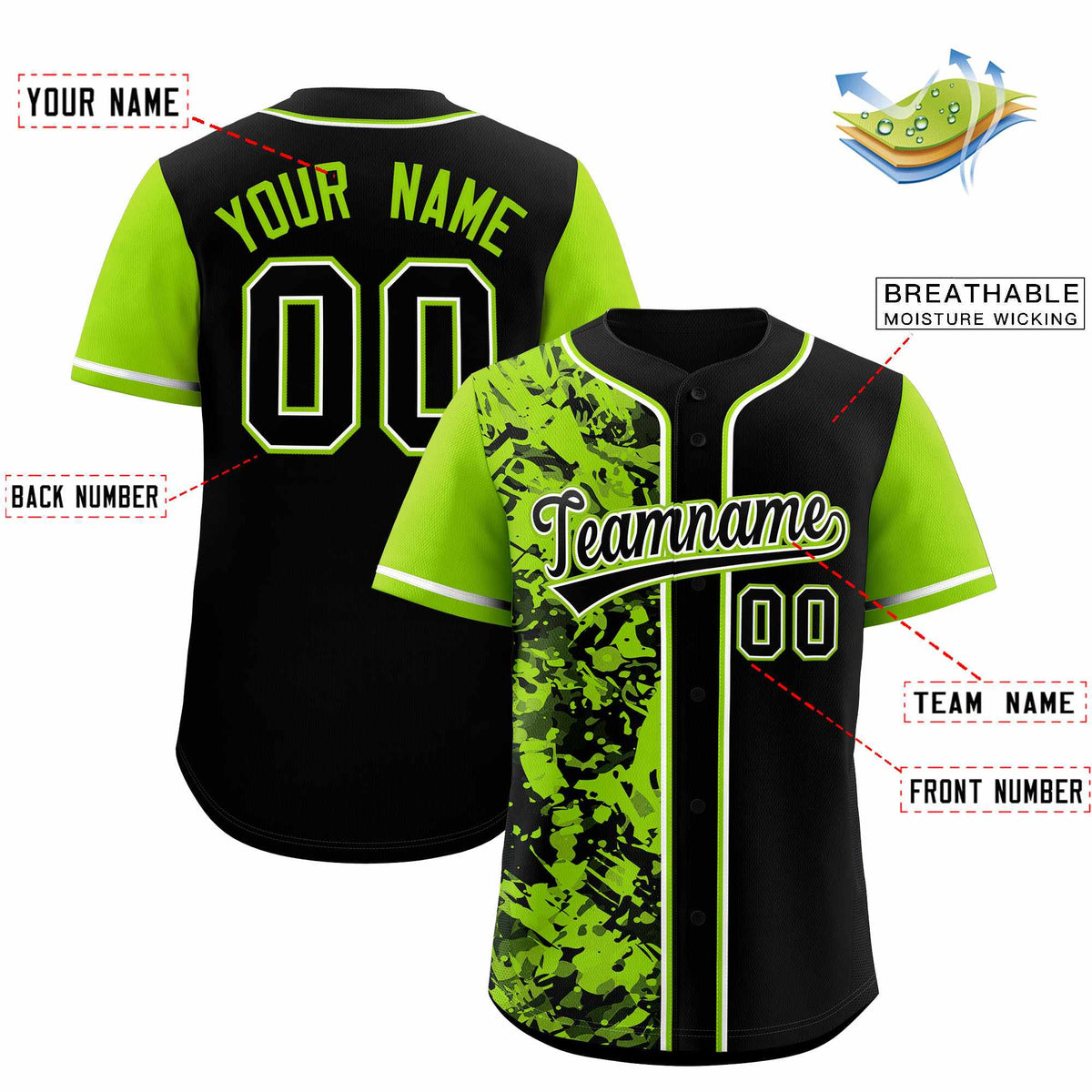 Custom Black Neon Green Split Personalized Graffiti Raglan Sleeve Authentic Baseball Jersey