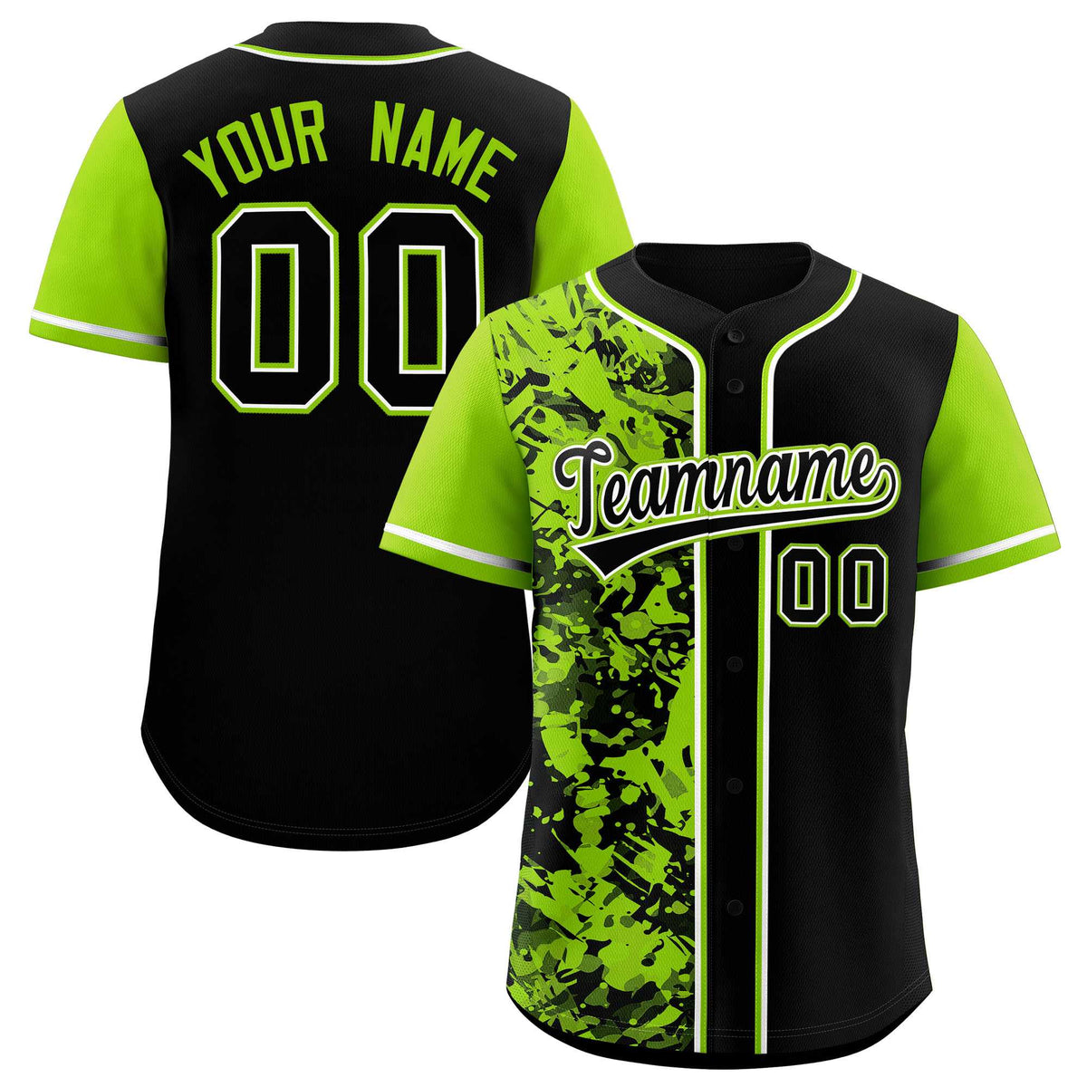 Custom Black Neon Green Split Personalized Graffiti Raglan Sleeve Authentic Baseball Jersey