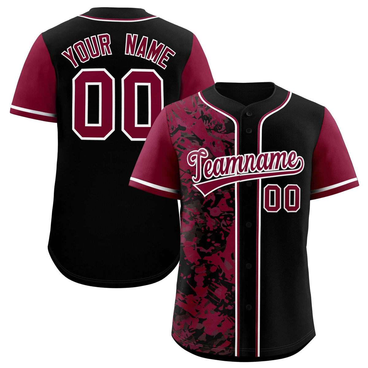 Custom Black Crimson Split Personalized Graffiti Raglan Sleeve Authentic Baseball Jersey