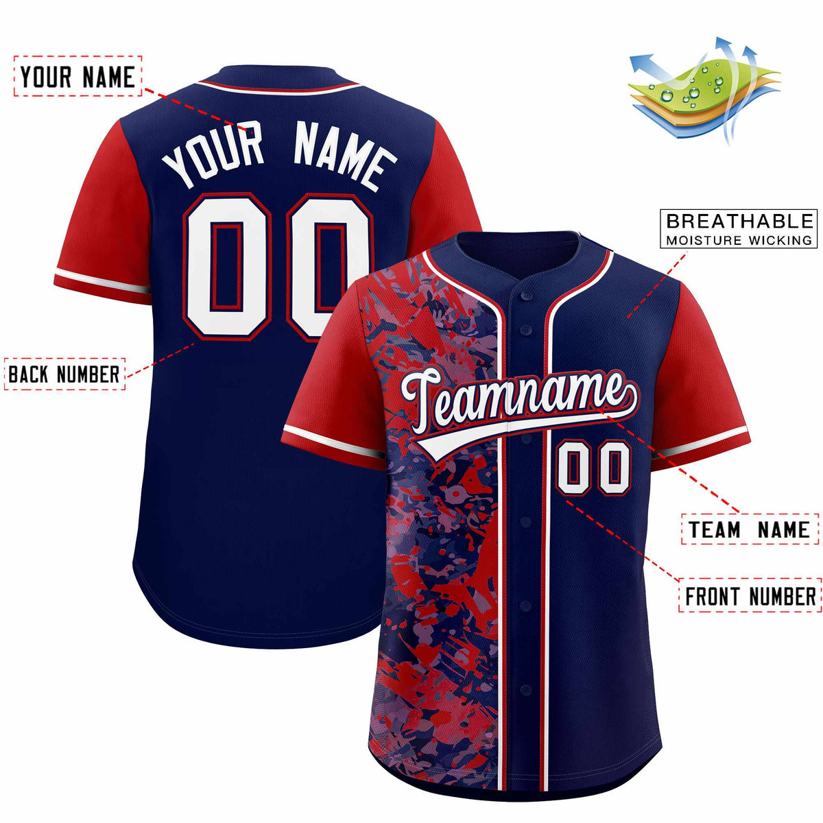 Custom Navy Red Split Personalized Graffiti Raglan Sleeve Authentic Baseball Jersey