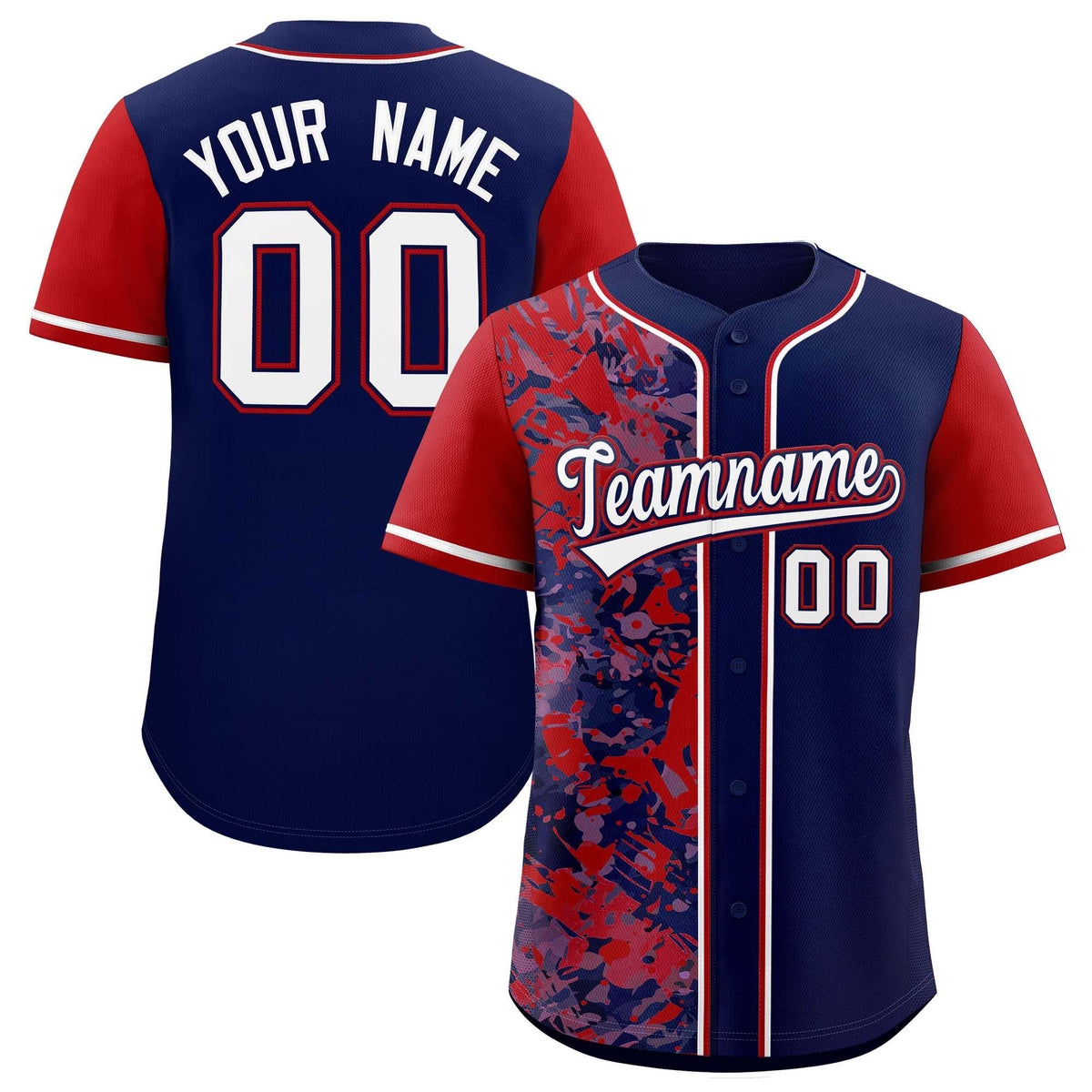 Custom Navy Red Split Personalized Graffiti Raglan Sleeve Authentic Baseball Jersey