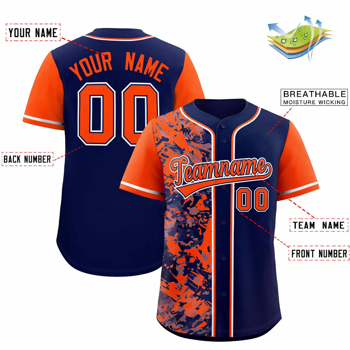 Custom Navy Orange Split Personalized Graffiti Raglan Sleeve Authentic Baseball Jersey