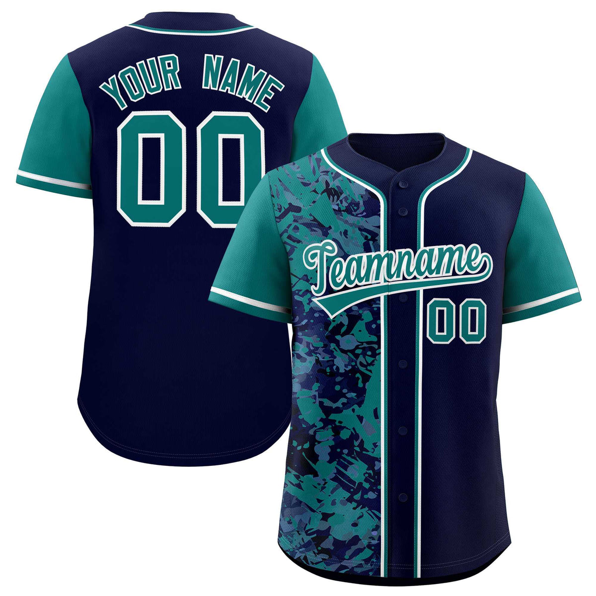 Custom Navy Aqua Split Personalized Graffiti Raglan Sleeve Authentic Baseball Jersey