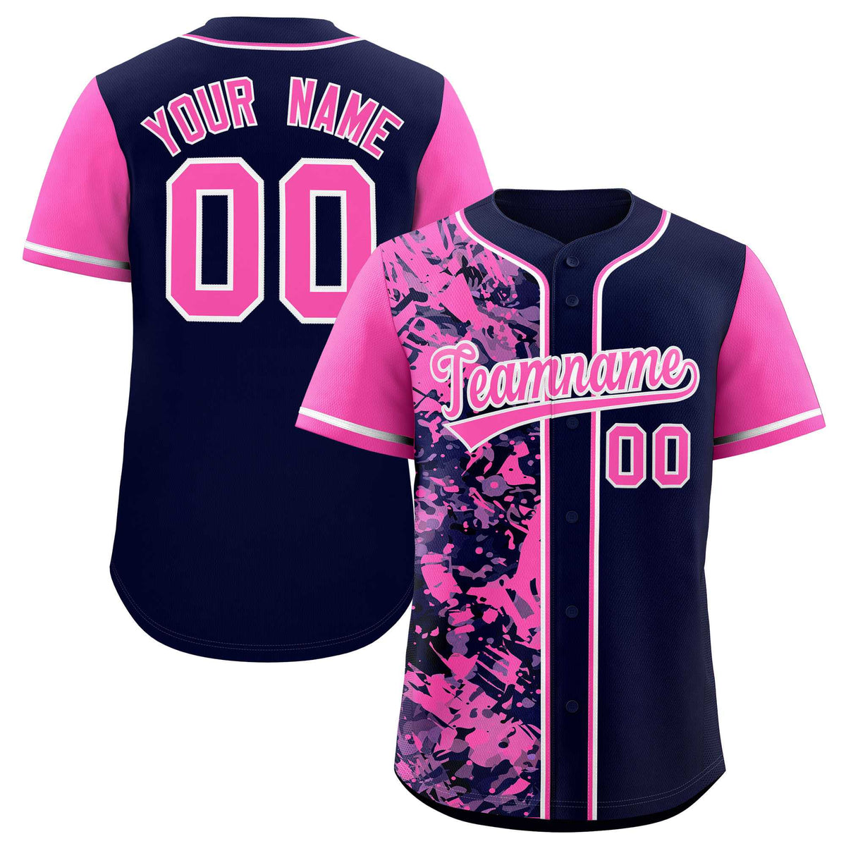 Custom Navy Pink Split Personalized Graffiti Raglan Sleeve Authentic Baseball Jersey
