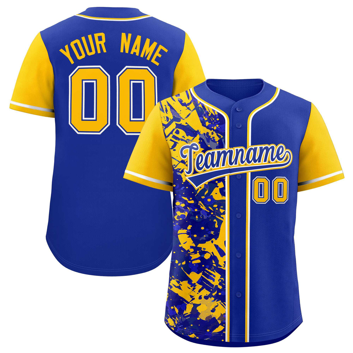 Custom Royal Yellow Split Personalized Graffiti Raglan Sleeve Authentic Baseball Jersey