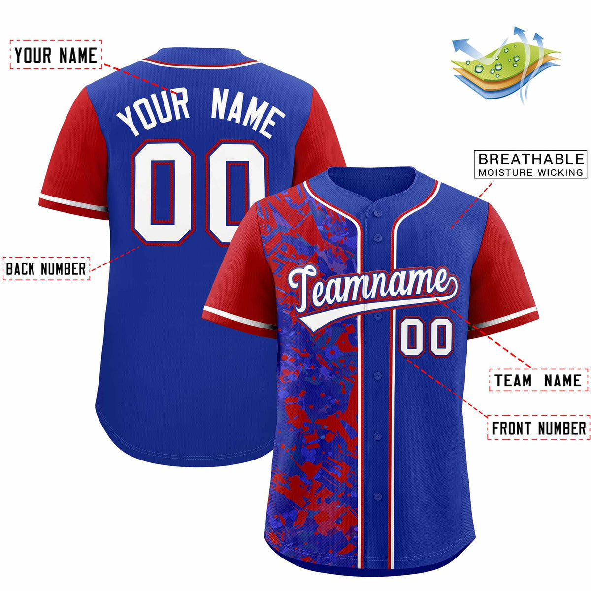 Custom Royal Red Split Personalized Graffiti Raglan Sleeve Authentic Baseball Jersey