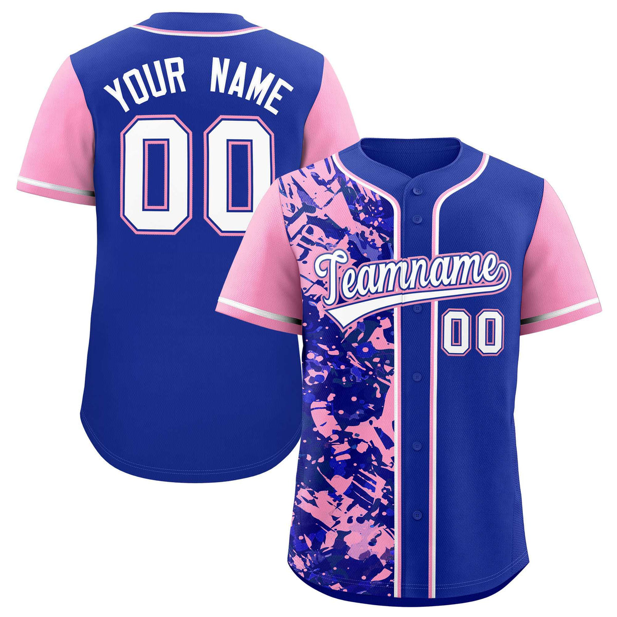 Custom Royal Light Pink Split Personalized Graffiti Raglan Sleeve Authentic Baseball Jersey
