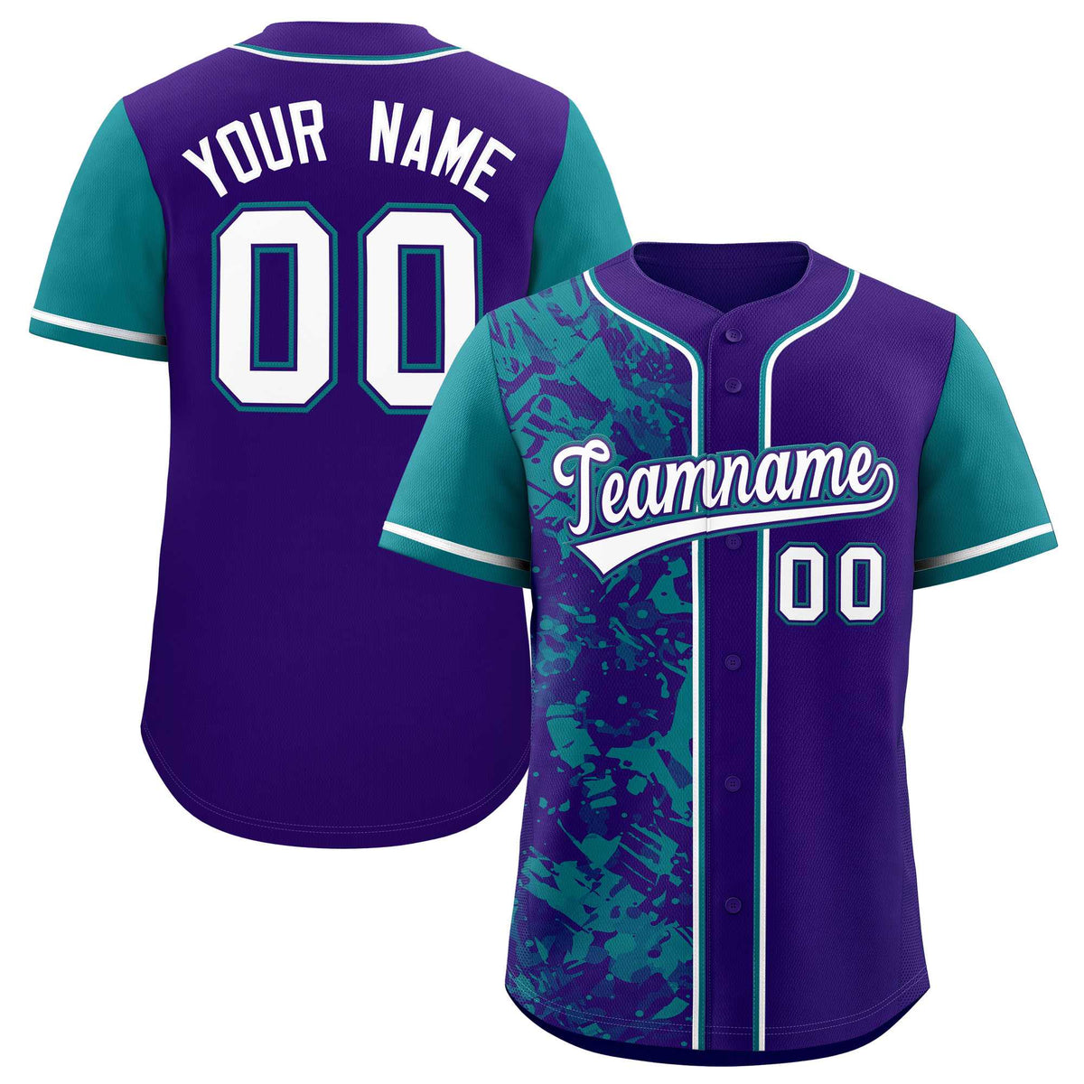 Custom Purple Teal Split Personalized Graffiti Raglan Sleeve Authentic Baseball Jersey
