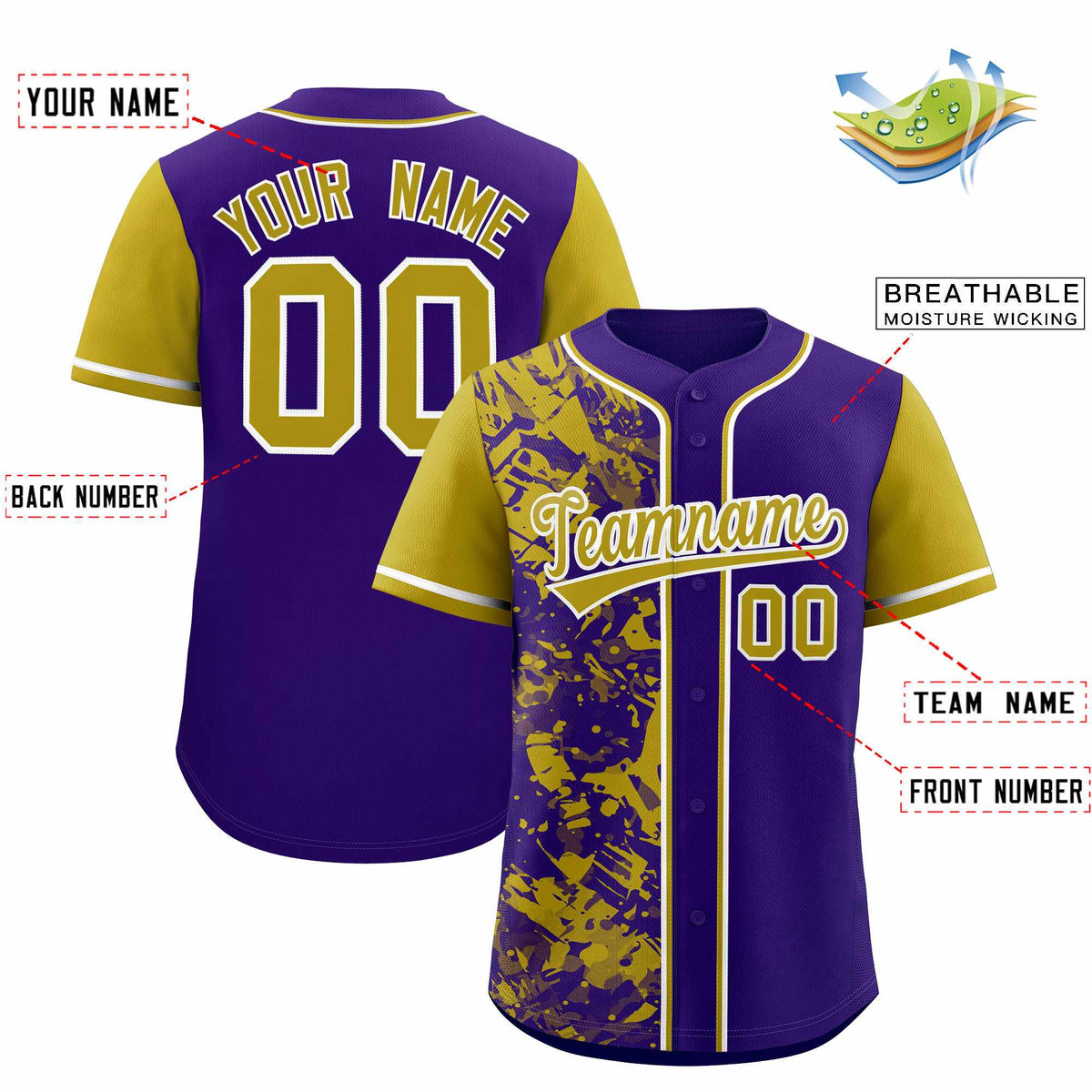 Custom Purple Old Gold Split Personalized Graffiti Raglan Sleeve Authentic Baseball Jersey
