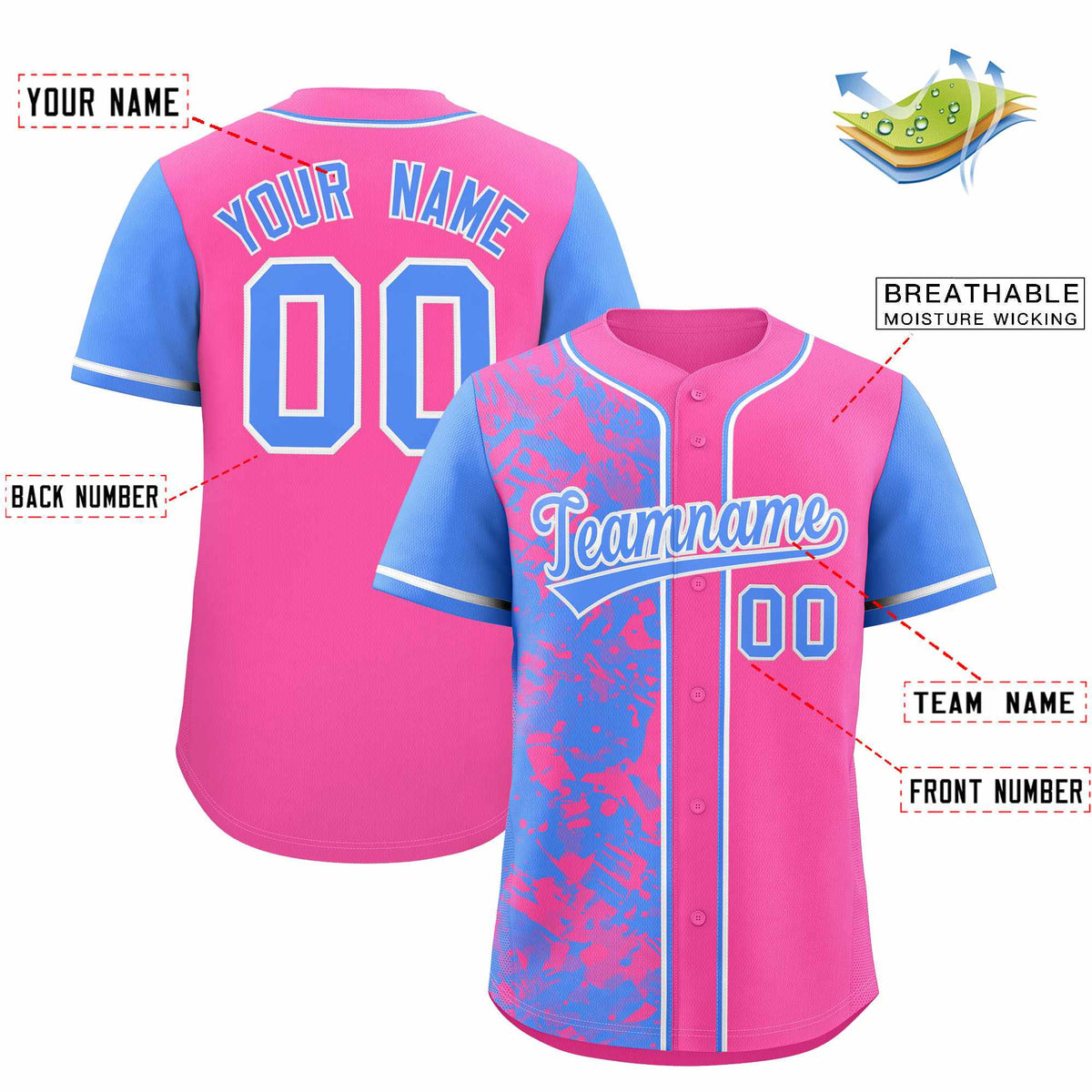 Custom Pink Powder Blue Split Personalized Graffiti Raglan Sleeve Authentic Baseball Jersey
