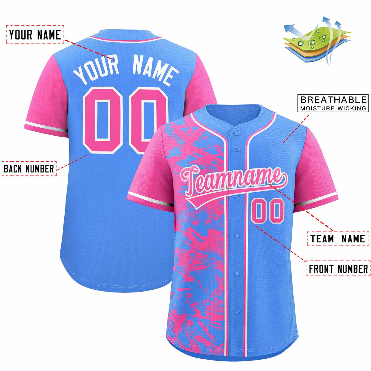 Custom Blue Pink Split Personalized Graffiti Raglan Sleeve Authentic Baseball Jersey