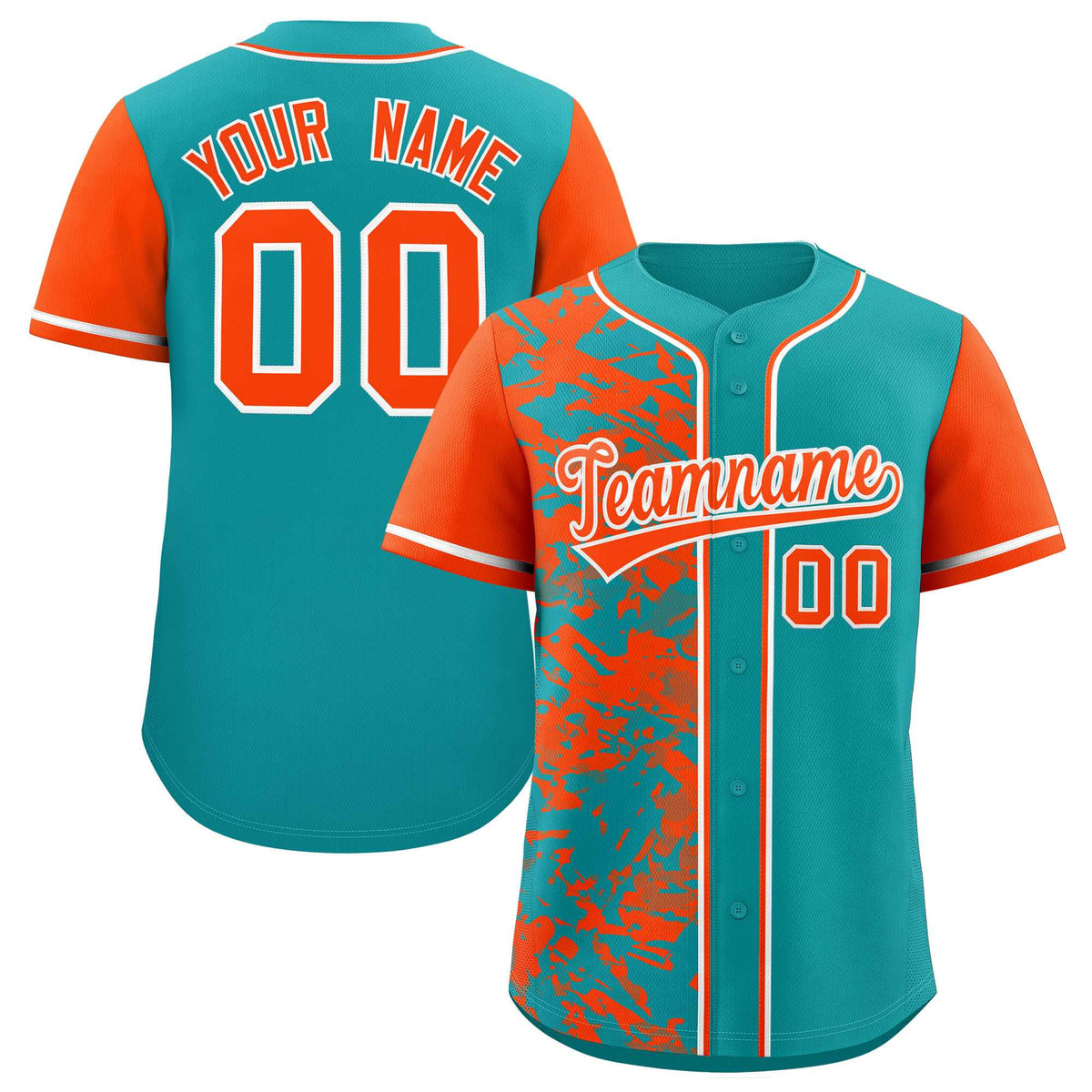 Custom Aqua Orange Split Personalized Graffiti Raglan Sleeve Authentic Baseball Jersey