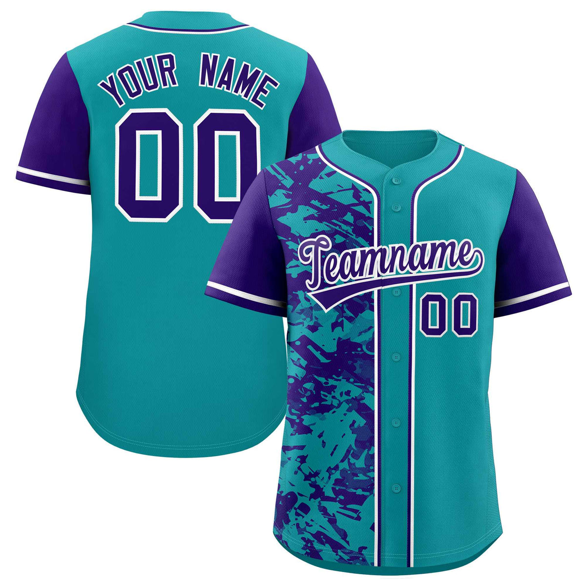 Custom Teal Purple Split Personalized Graffiti Raglan Sleeve Authentic Baseball Jersey