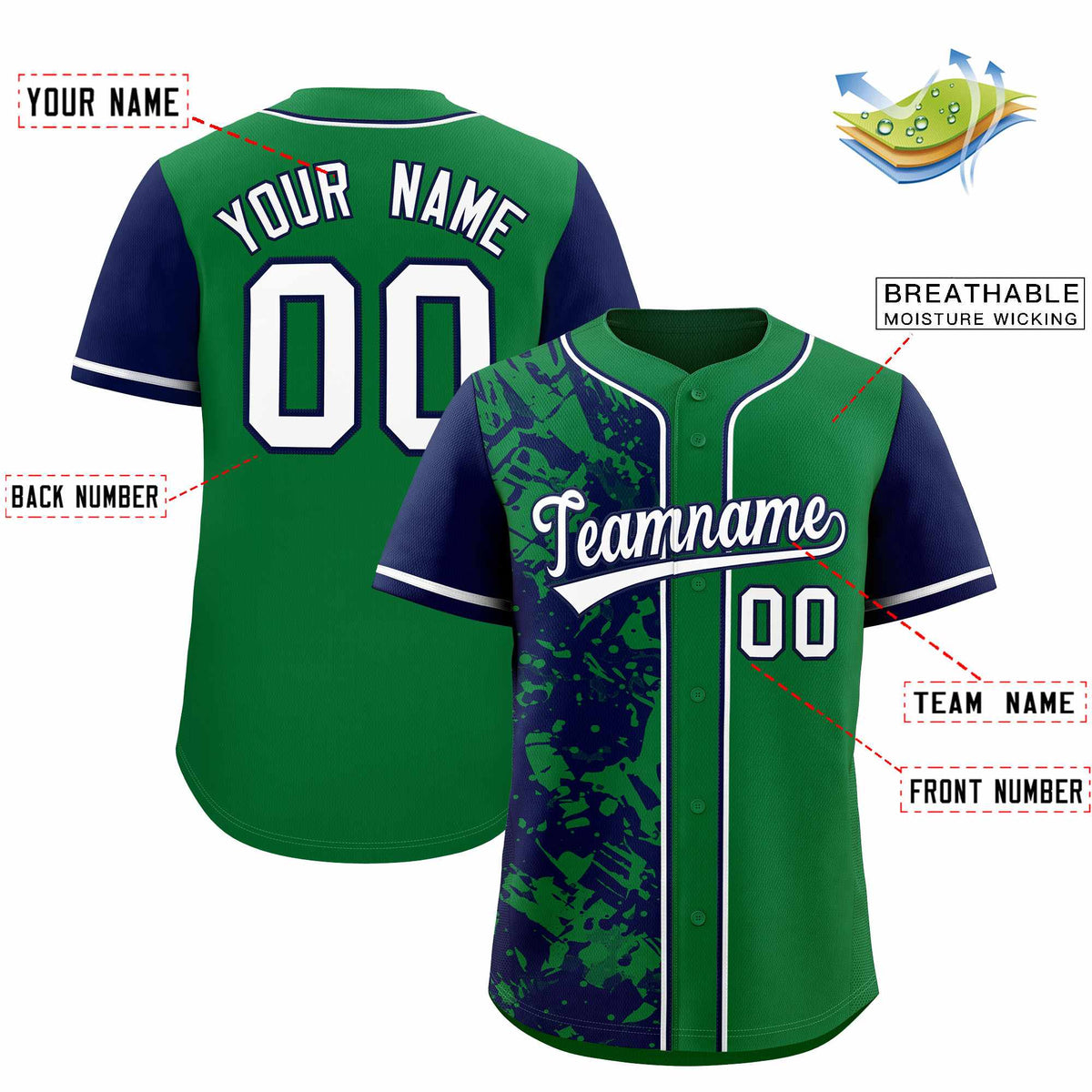 Custom Green Navy Split Personalized Graffiti Raglan Sleeve Authentic Baseball Jersey