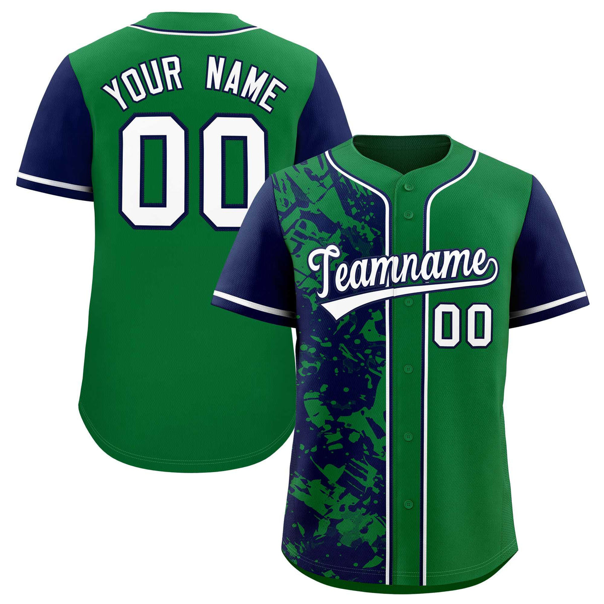 Custom Green Navy Split Personalized Graffiti Raglan Sleeve Authentic Baseball Jersey