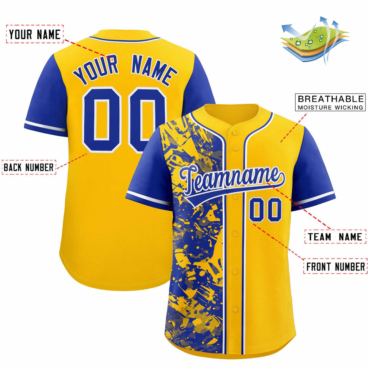 Custom Yellow Royal Split Personalized Graffiti Raglan Sleeve Authentic Baseball Jersey