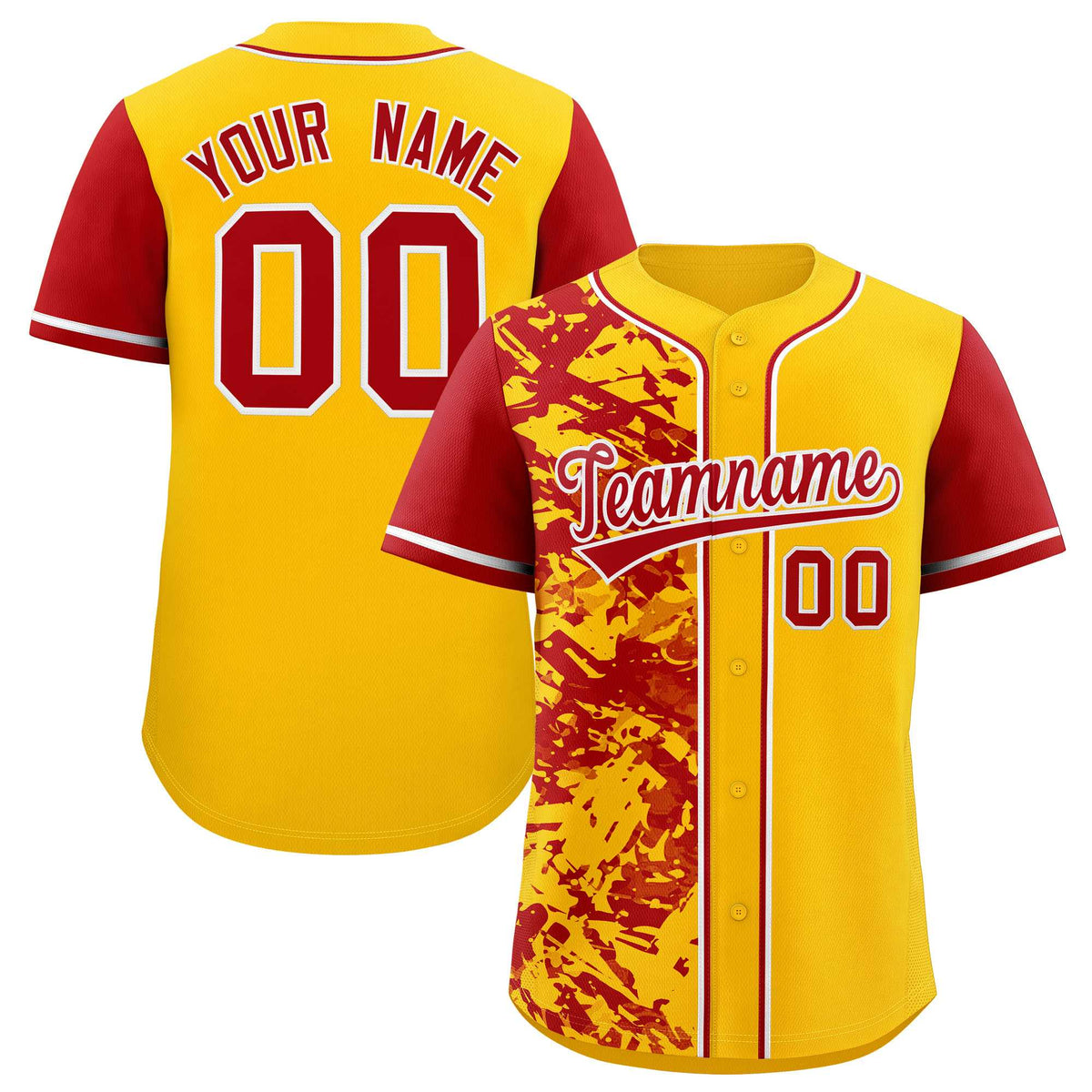 Custom Yellow Red Split Personalized Graffiti Raglan Sleeve Authentic Baseball Jersey