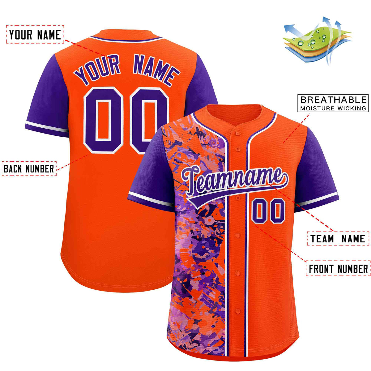 Custom Orange Purple Split Personalized Graffiti Raglan Sleeve Authentic Baseball Jersey