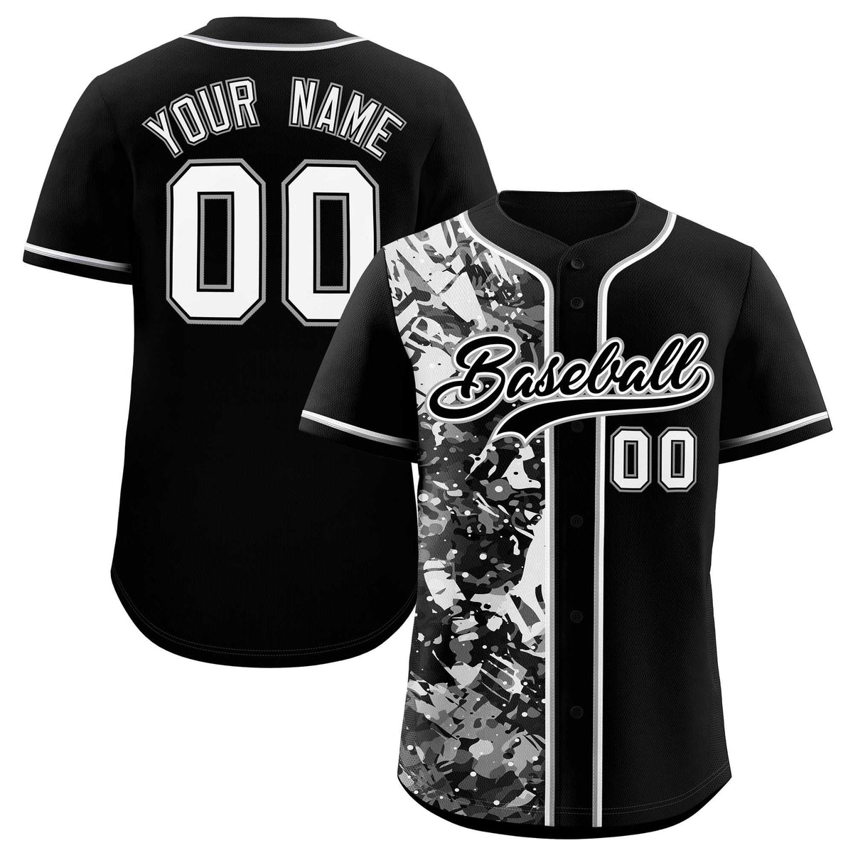 Custom Black White Split Personalized Graffiti Raglan Sleeve Authentic Baseball Jersey