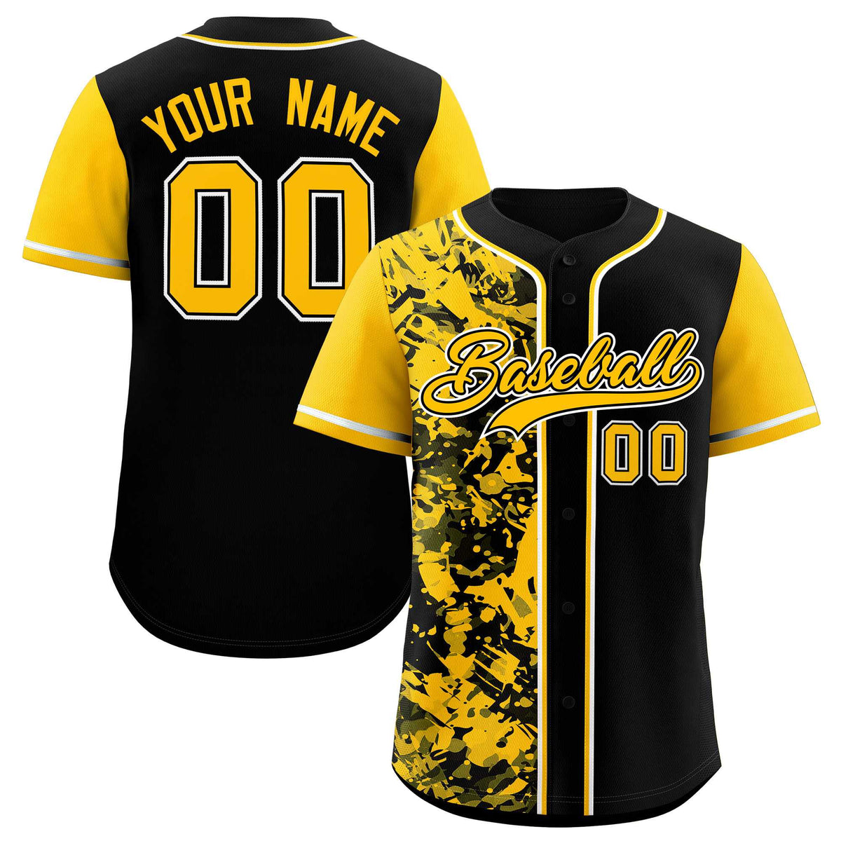 Custom Black Yellow Split Personalized Graffiti Raglan Sleeve Authentic Baseball Jersey
