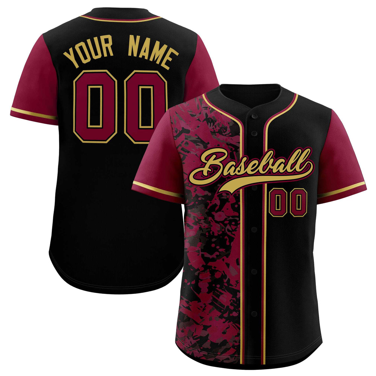 Custom Black Crimson Split Personalized Graffiti Raglan Sleeve Authentic Baseball Jersey