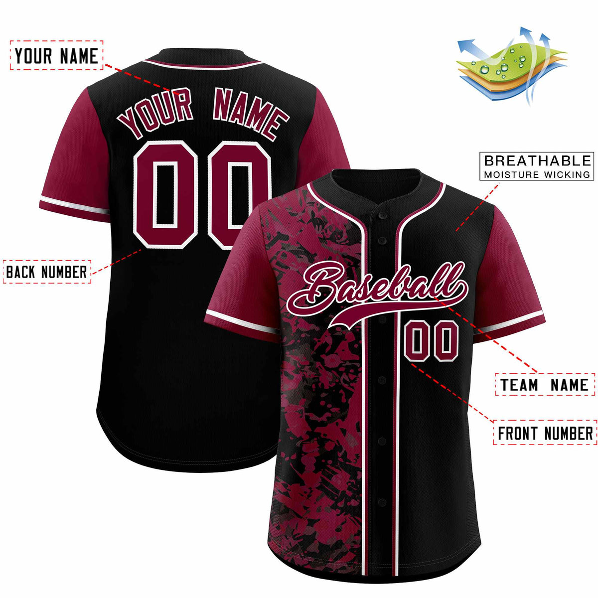 Custom Black Crimson Split Personalized Graffiti Raglan Sleeve Authentic Baseball Jersey
