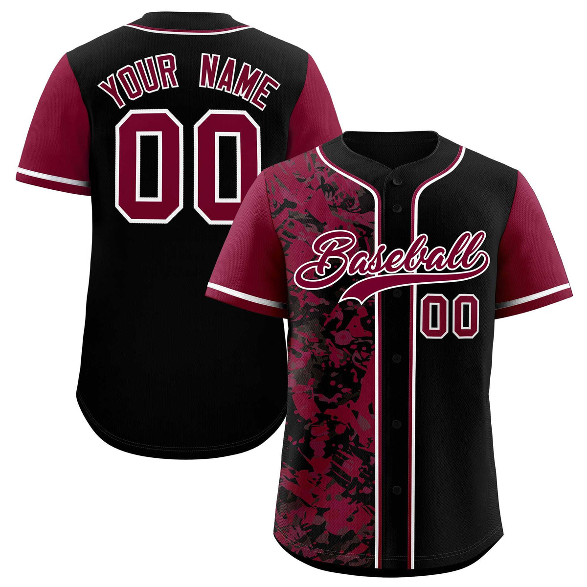 Custom Black Crimson Split Personalized Graffiti Raglan Sleeve Authentic Baseball Jersey