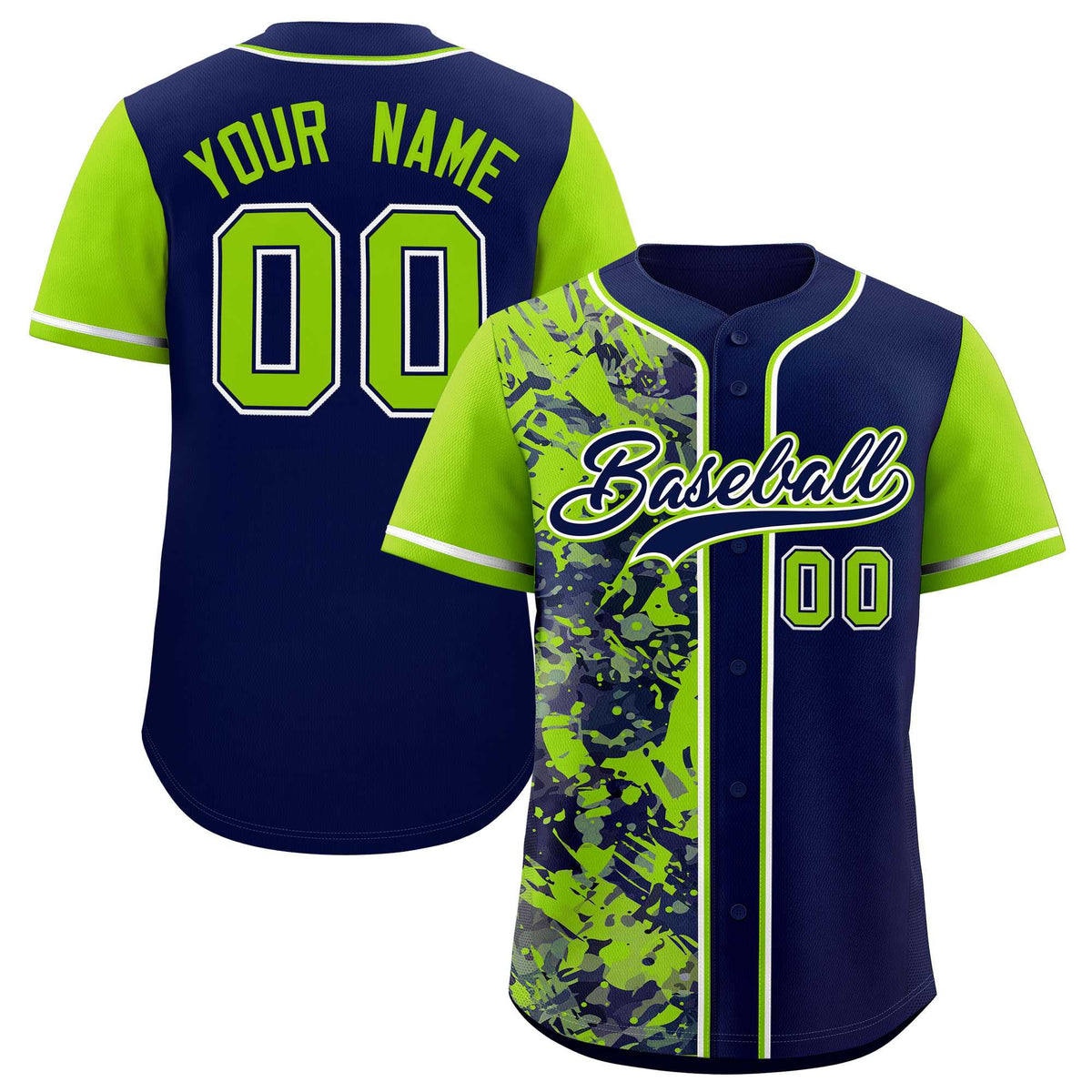Custom Navy Neon Green Split Personalized Graffiti Raglan Sleeve Authentic Baseball Jersey