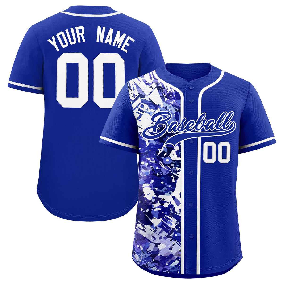 Custom Royal White Split Personalized Graffiti Raglan Sleeve Authentic Baseball Jersey